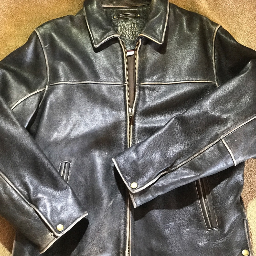 Men’s distressed soft black leather jacket.